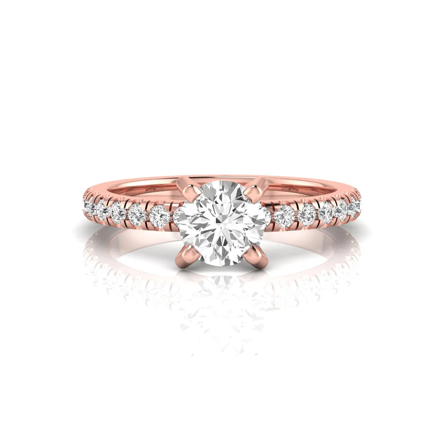 Round lab grown diamond pavé solitaire engagement ring featuring a 1.00 carat IGI certified round brilliant diamond with pavé diamond band in rose gold.