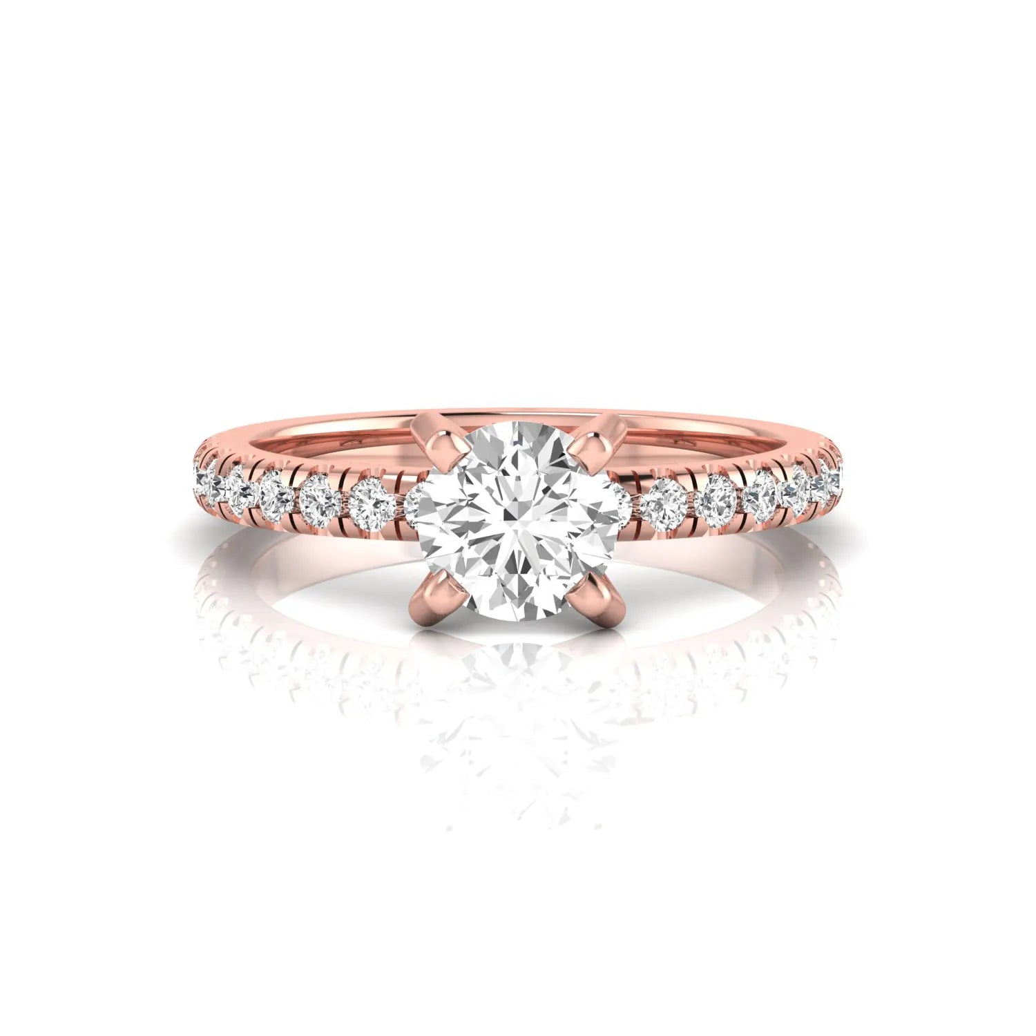 Round lab grown diamond pavé solitaire engagement ring featuring a 1.00 carat IGI certified round brilliant diamond with pavé diamond band in rose gold.