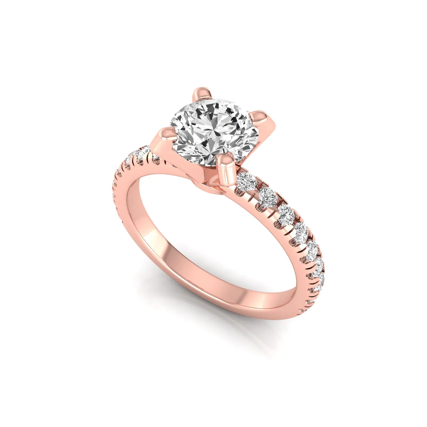 Round lab grown diamond pavé solitaire engagement ring featuring a 1.00 carat IGI certified round brilliant diamond with pavé diamond band in rose gold.