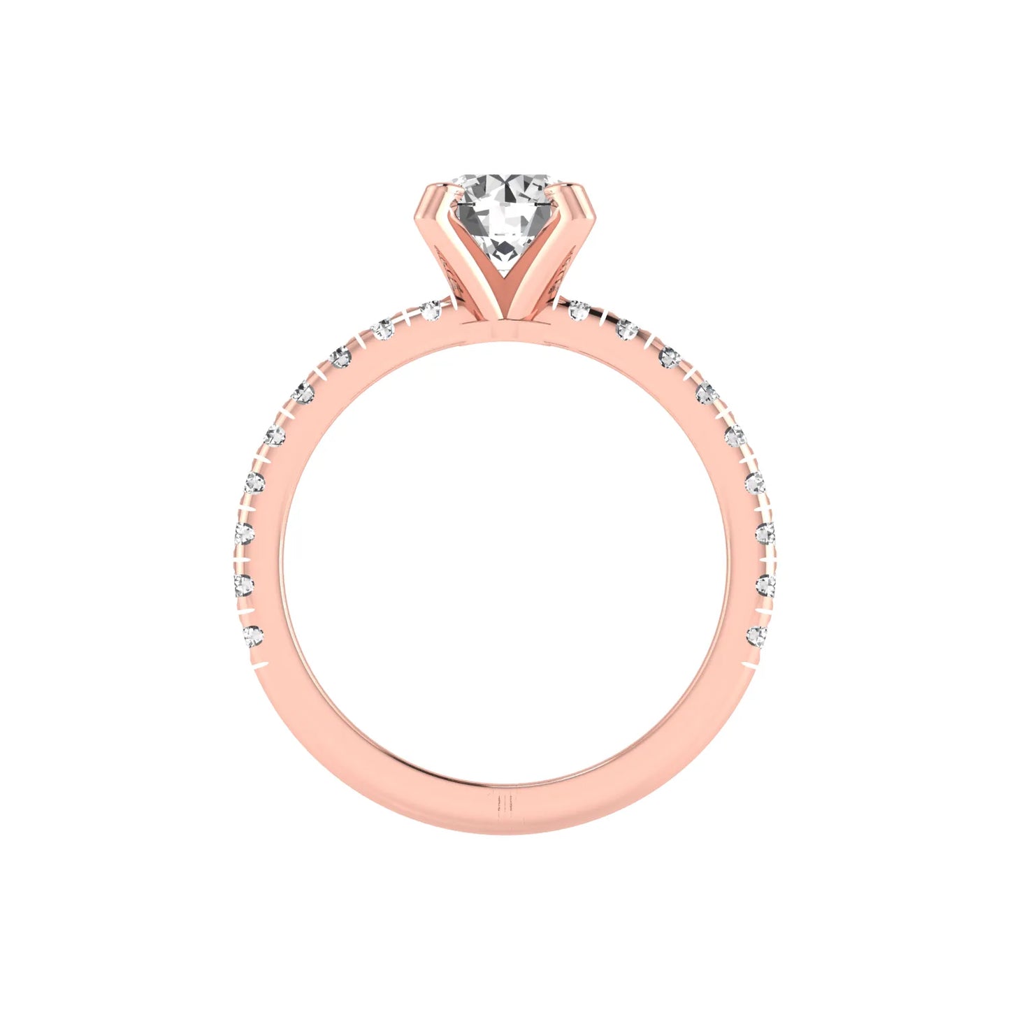 Round lab grown diamond pavé solitaire engagement ring featuring a 1.00 carat IGI certified round brilliant diamond with pavé diamond band in rose gold.