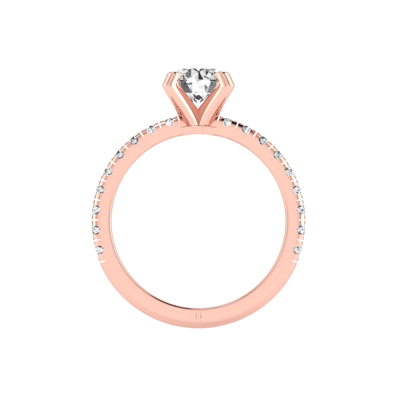 Round lab grown diamond pavé solitaire engagement ring featuring a 1.00 carat IGI certified round brilliant diamond with pavé diamond band in rose gold.