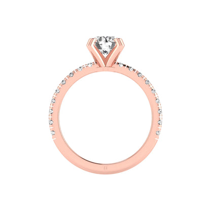 Round lab grown diamond pavé solitaire engagement ring featuring a 1.00 carat IGI certified round brilliant diamond with pavé diamond band in rose gold.