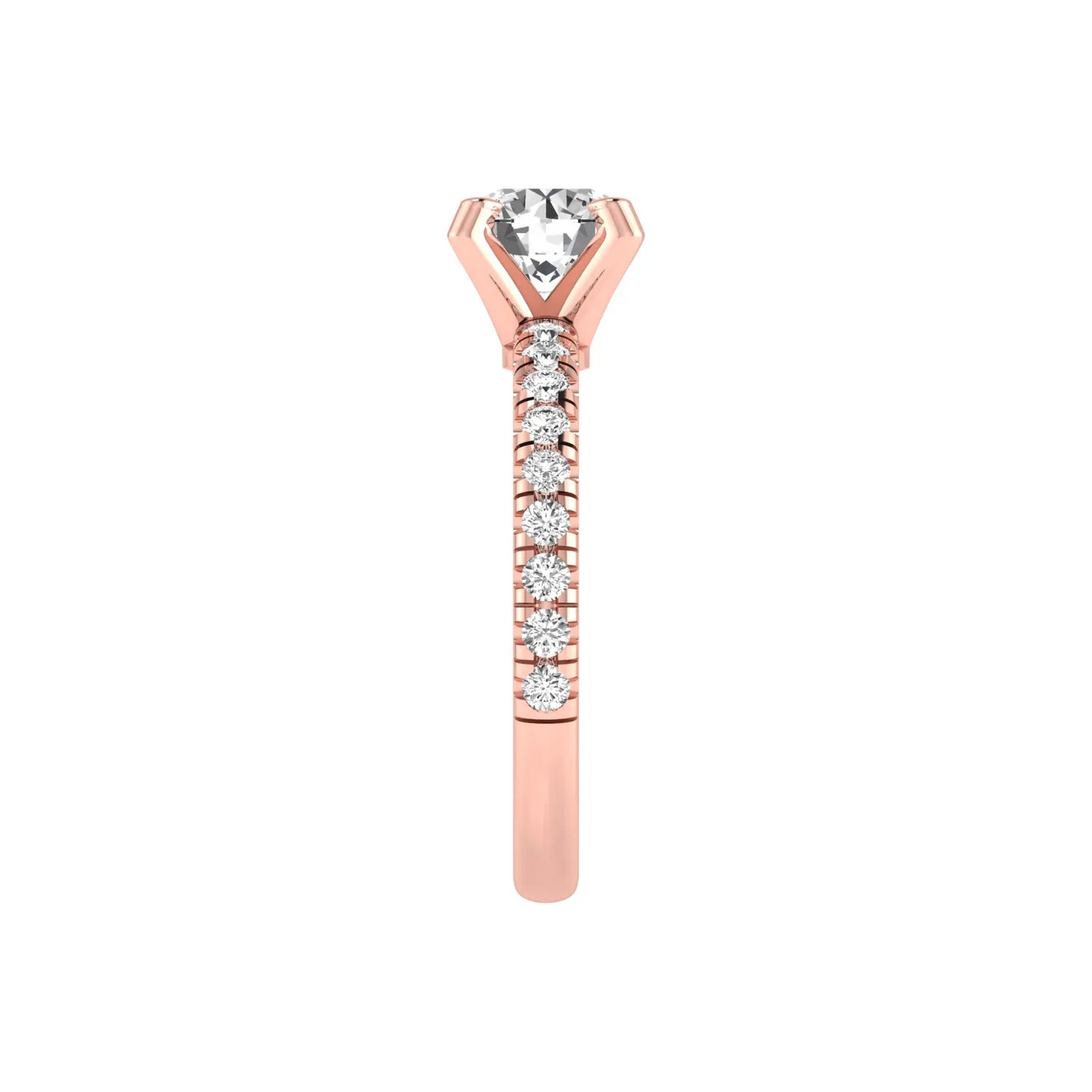 Round lab grown diamond pavé solitaire engagement ring featuring a 1.00 carat IGI certified round brilliant diamond with pavé diamond band in rose gold.