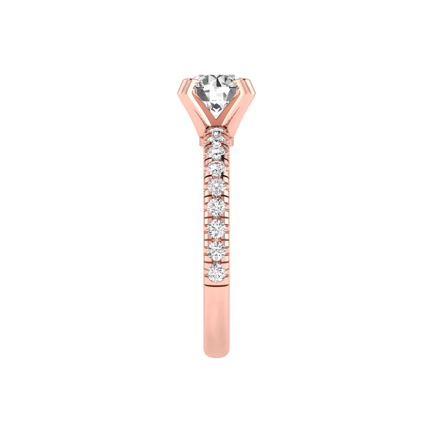 Round lab grown diamond pavé solitaire engagement ring featuring a 1.00 carat IGI certified round brilliant diamond with pavé diamond band in rose gold.