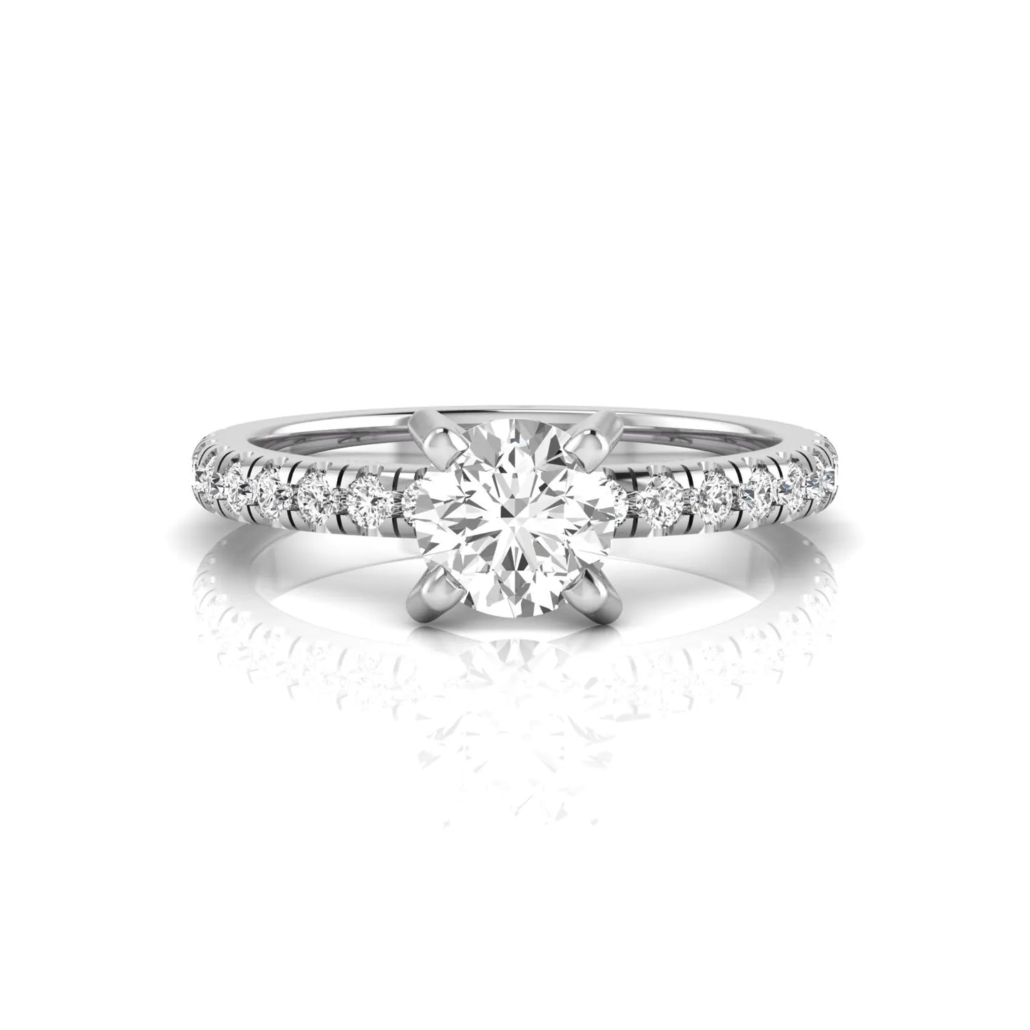Round lab grown diamond pavé solitaire engagement ring featuring a 1.00 carat IGI certified round brilliant diamond with pavé diamond band in white gold.