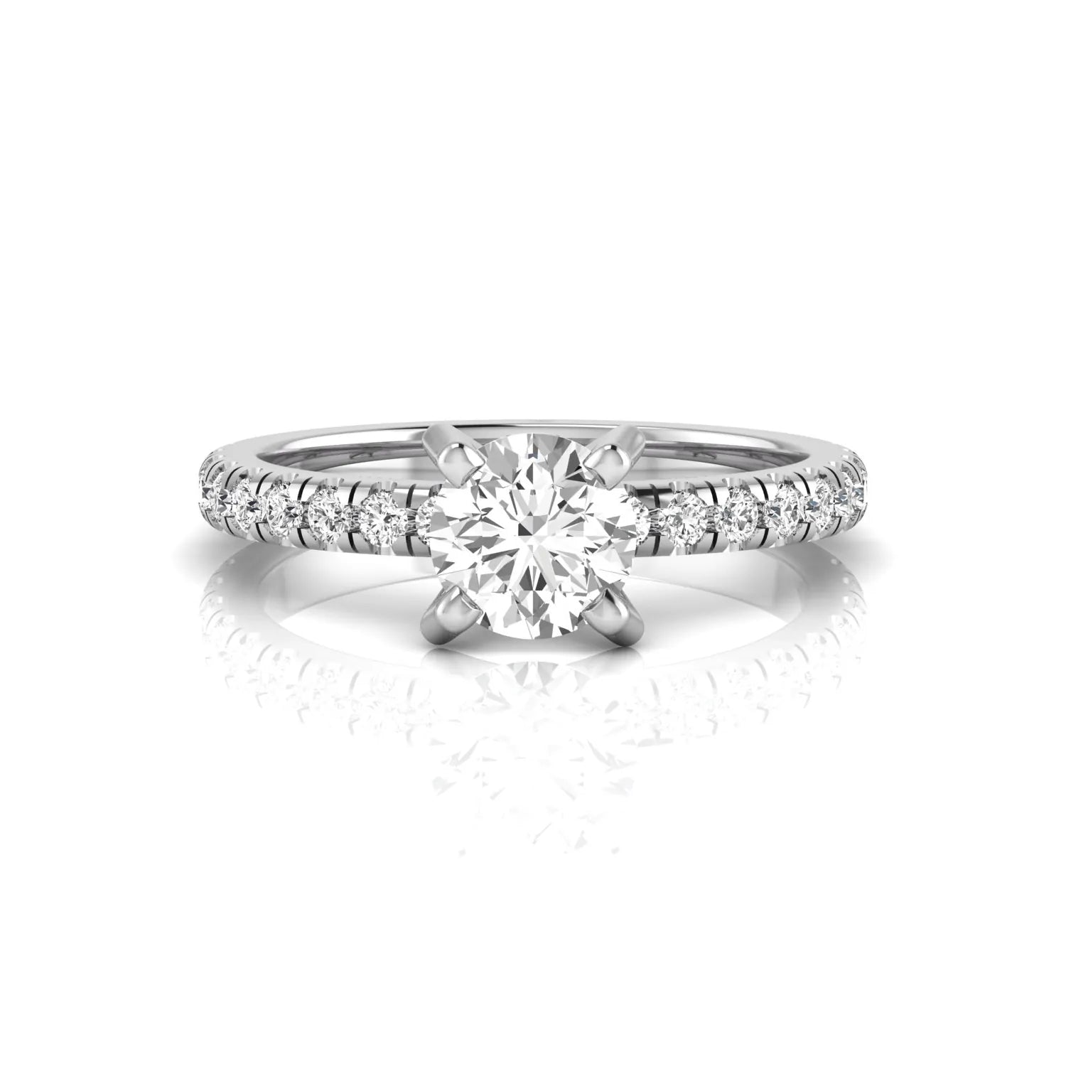 Round lab grown diamond pavé solitaire engagement ring featuring a 1.00 carat IGI certified round brilliant diamond with pavé diamond band in white gold.