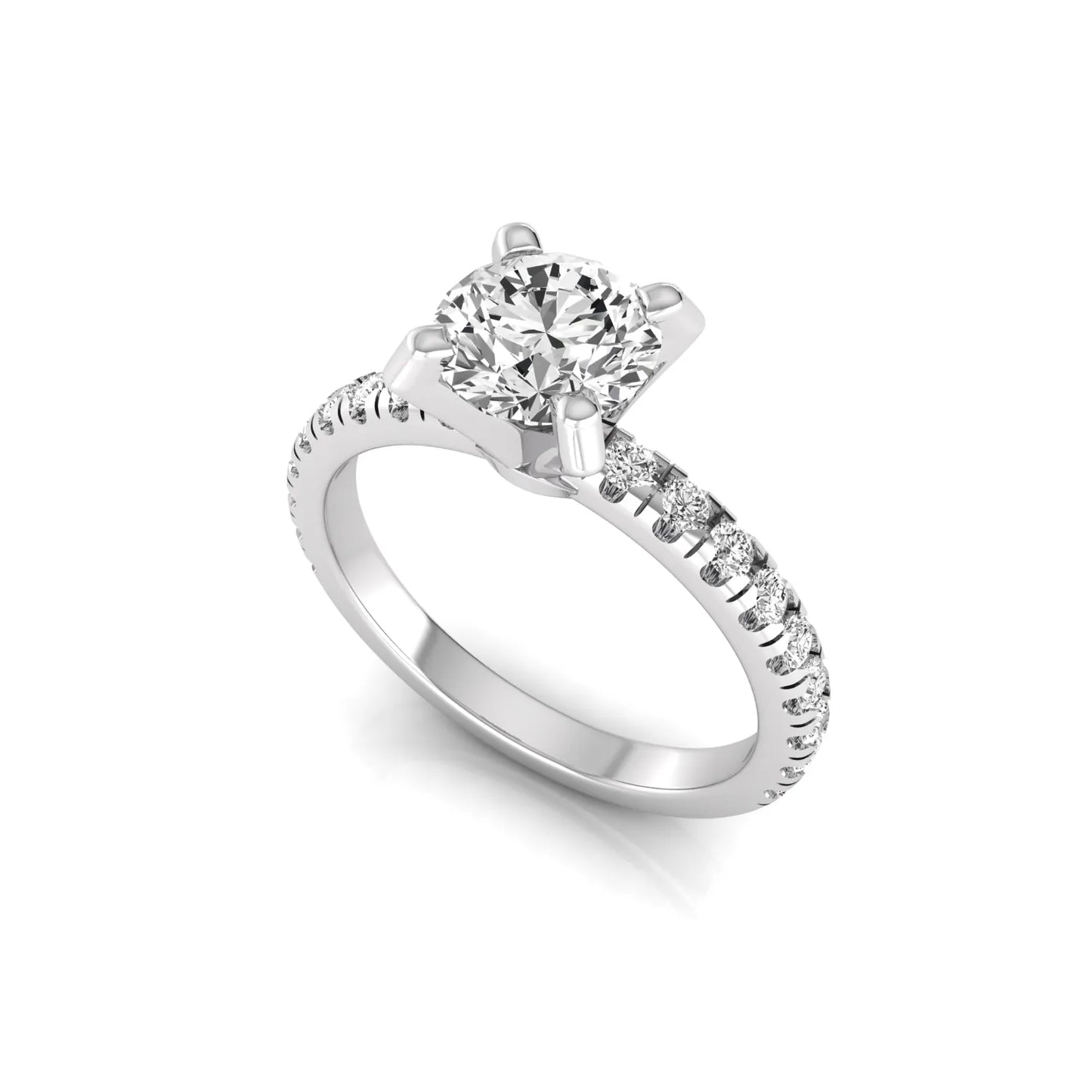 Round lab grown diamond pavé solitaire engagement ring featuring a 1.00 carat IGI certified round brilliant diamond with pavé diamond band in white gold.