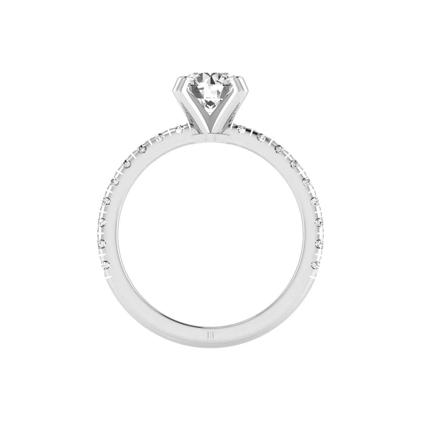 Round lab grown diamond pavé solitaire engagement ring featuring a 1.00 carat IGI certified round brilliant diamond with pavé diamond band in white gold.