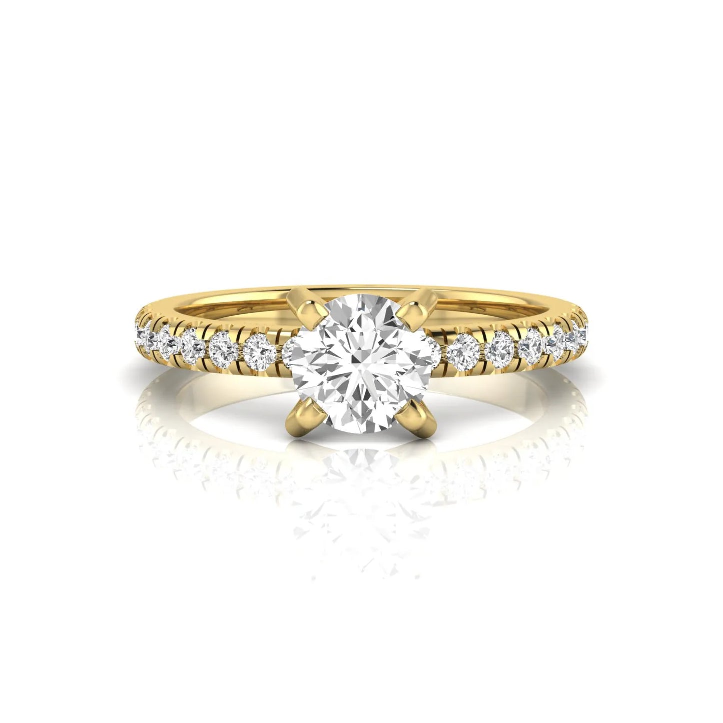 Round lab grown diamond pavé solitaire engagement ring featuring a 1.00 carat IGI certified round brilliant diamond with pavé diamond band in yellow gold.
