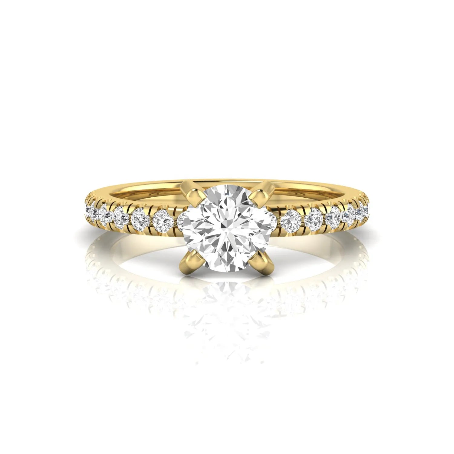 Round lab grown diamond pavé solitaire engagement ring featuring a 1.00 carat IGI certified round brilliant diamond with pavé diamond band in yellow gold.
