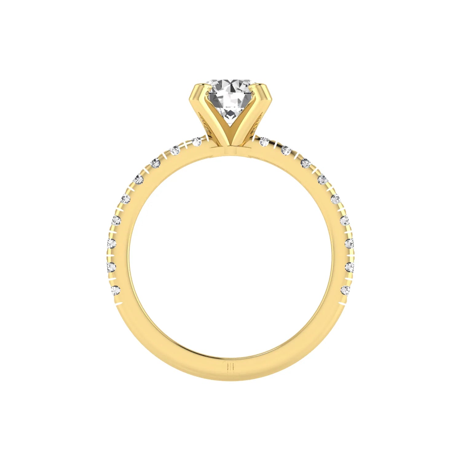 Round lab grown diamond pavé solitaire engagement ring featuring a 1.00 carat IGI certified round brilliant diamond with pavé diamond band in yellow gold.
