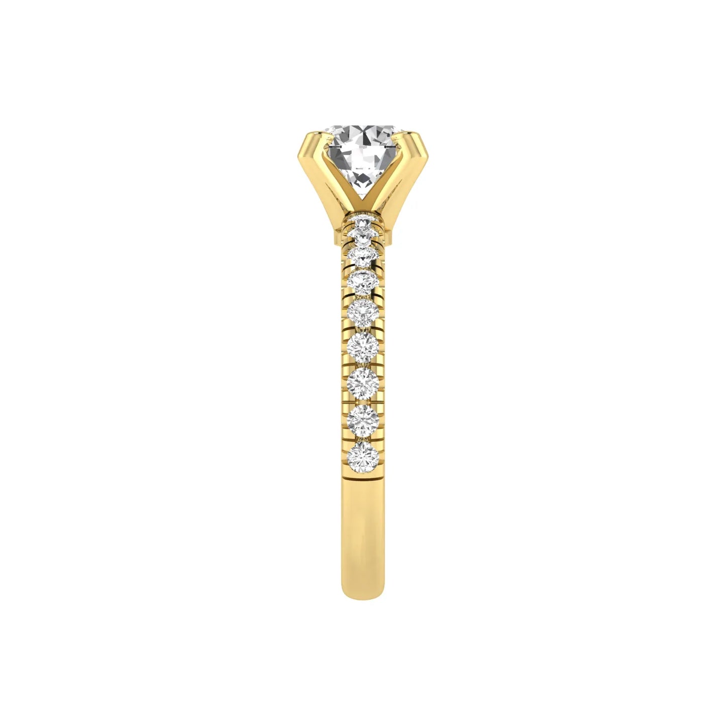 Round lab grown diamond pavé solitaire engagement ring featuring a 1.00 carat IGI certified round brilliant diamond with pavé diamond band in yellow gold.