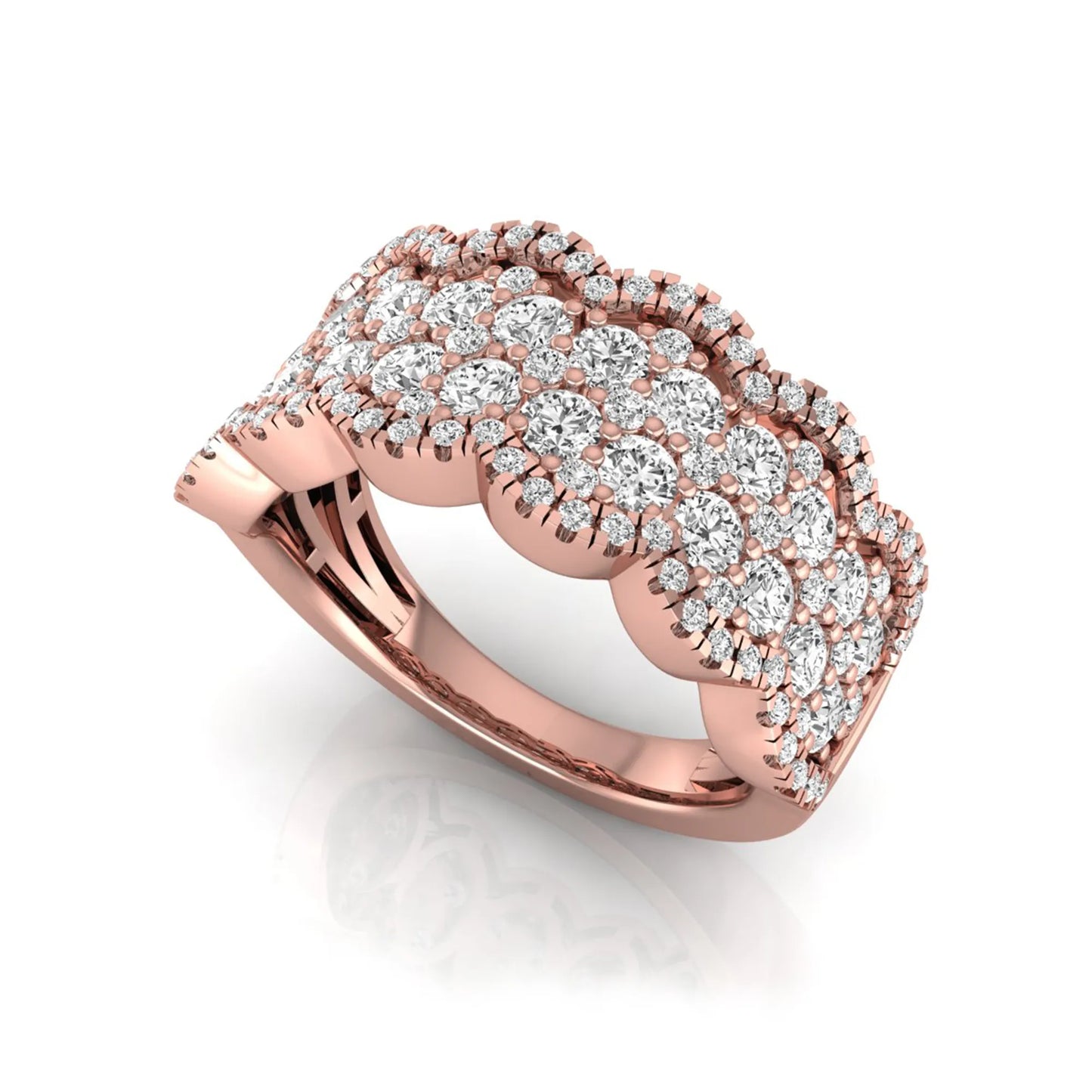 Round lab grown diamond scalloped wide band ring featuring multiple rows of pavé-set round brilliant diamonds in rose gold.