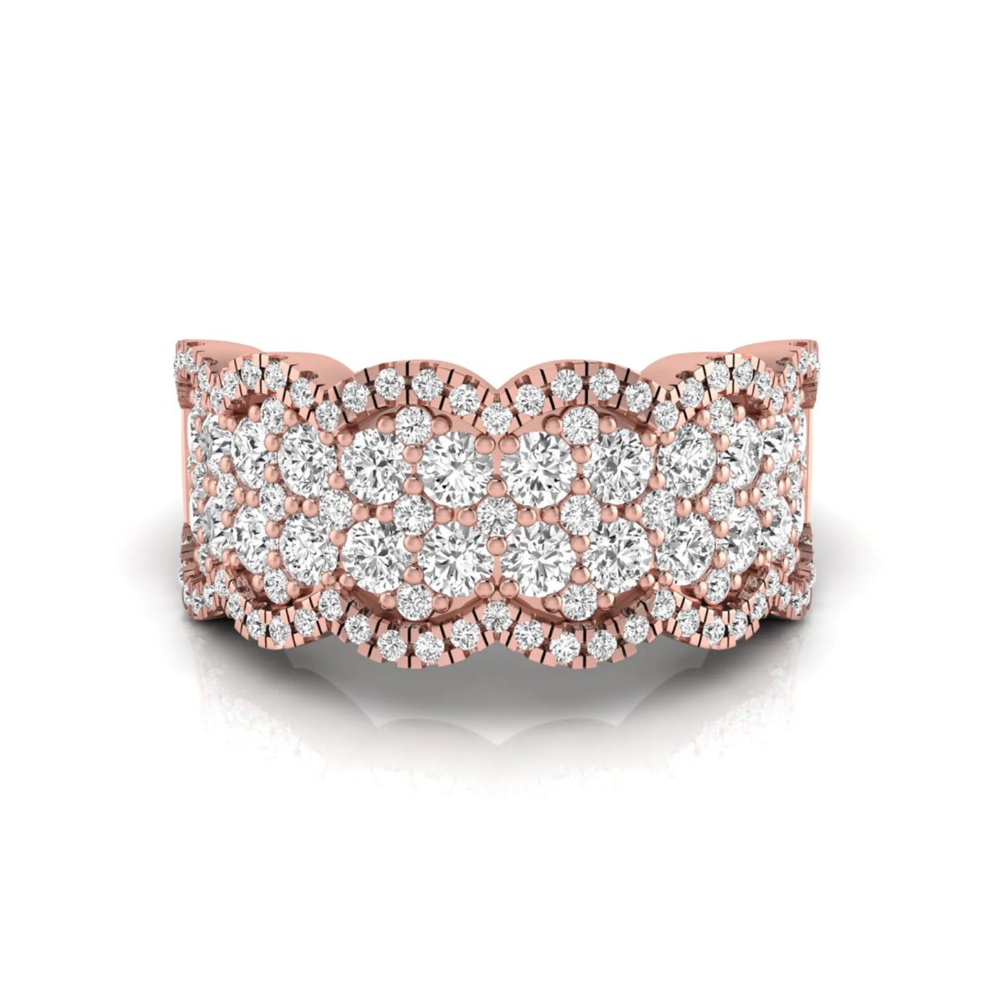 Round lab grown diamond scalloped wide band ring featuring multiple rows of pavé-set round brilliant diamonds in rose gold.