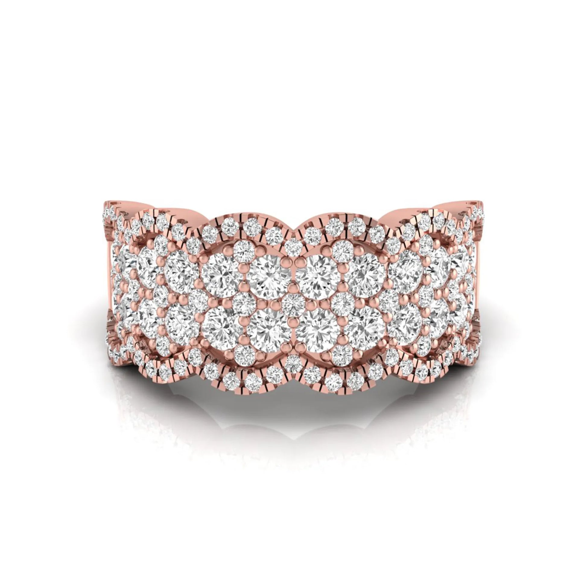 Round lab grown diamond scalloped wide band ring featuring multiple rows of pavé-set round brilliant diamonds in rose gold.