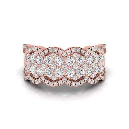 Round lab grown diamond scalloped wide band ring featuring multiple rows of pavé-set round brilliant diamonds in rose gold.