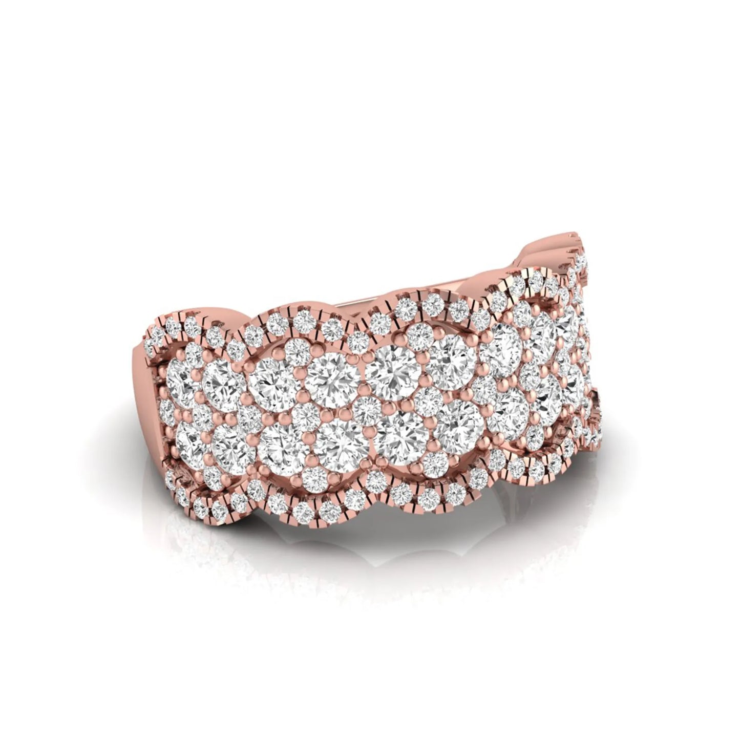 Round lab grown diamond scalloped wide band ring featuring multiple rows of pavé-set round brilliant diamonds in rose gold.