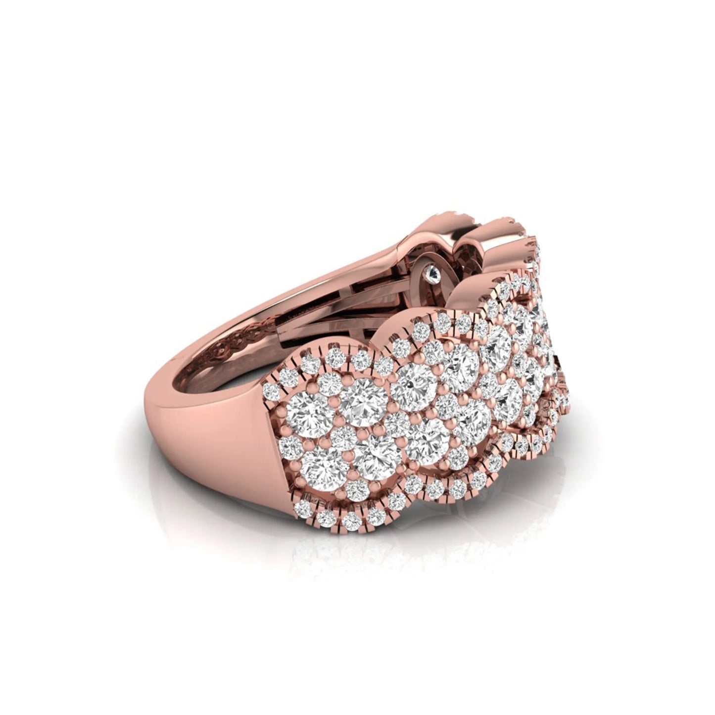 Round lab grown diamond scalloped wide band ring featuring multiple rows of pavé-set round brilliant diamonds in rose gold.