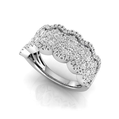 Round lab grown diamond scalloped wide band ring featuring multiple rows of pavé-set round brilliant diamonds in white gold.