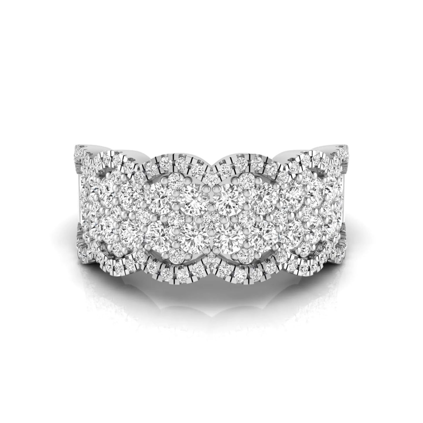 Round lab grown diamond scalloped wide band ring featuring multiple rows of pavé-set round brilliant diamonds in white gold.