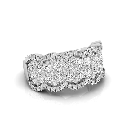 Round lab grown diamond scalloped wide band ring featuring multiple rows of pavé-set round brilliant diamonds in white gold.