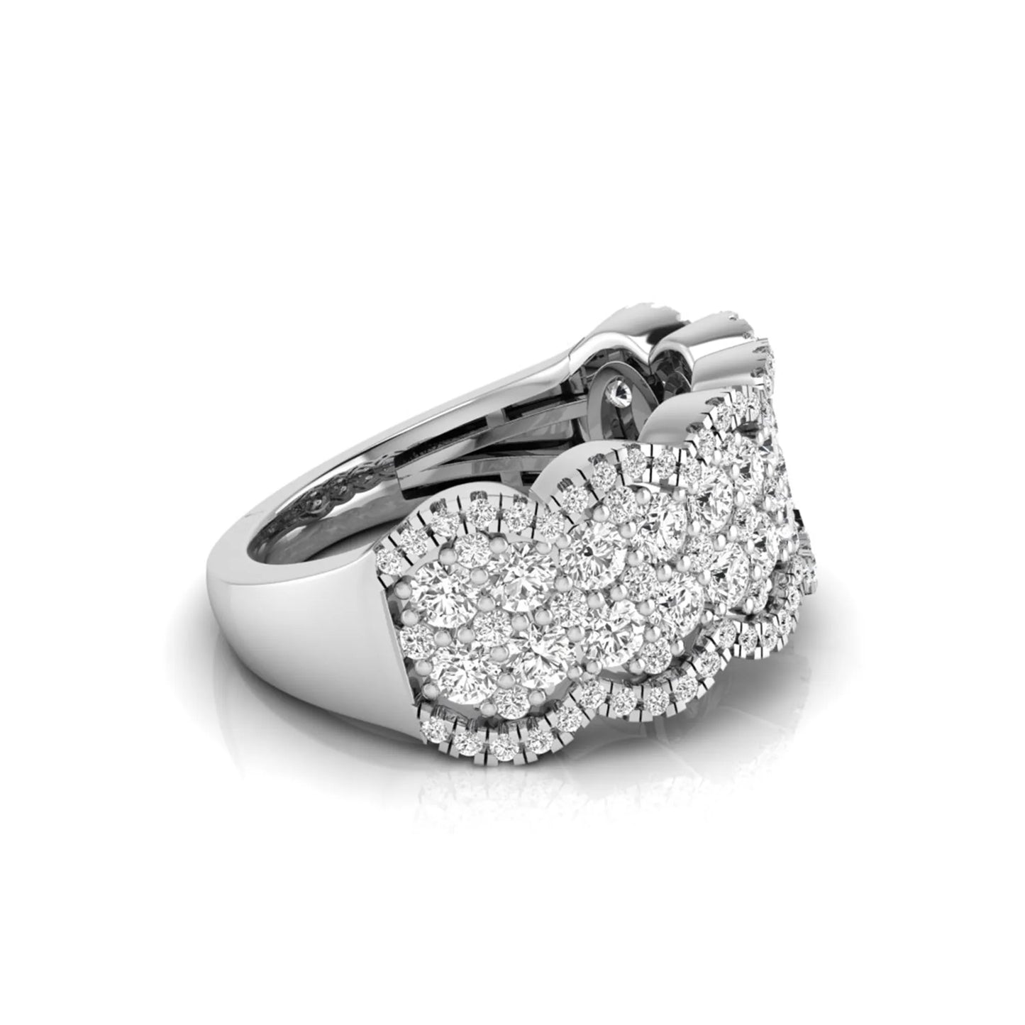 Round lab grown diamond scalloped wide band ring featuring multiple rows of pavé-set round brilliant diamonds in white gold.