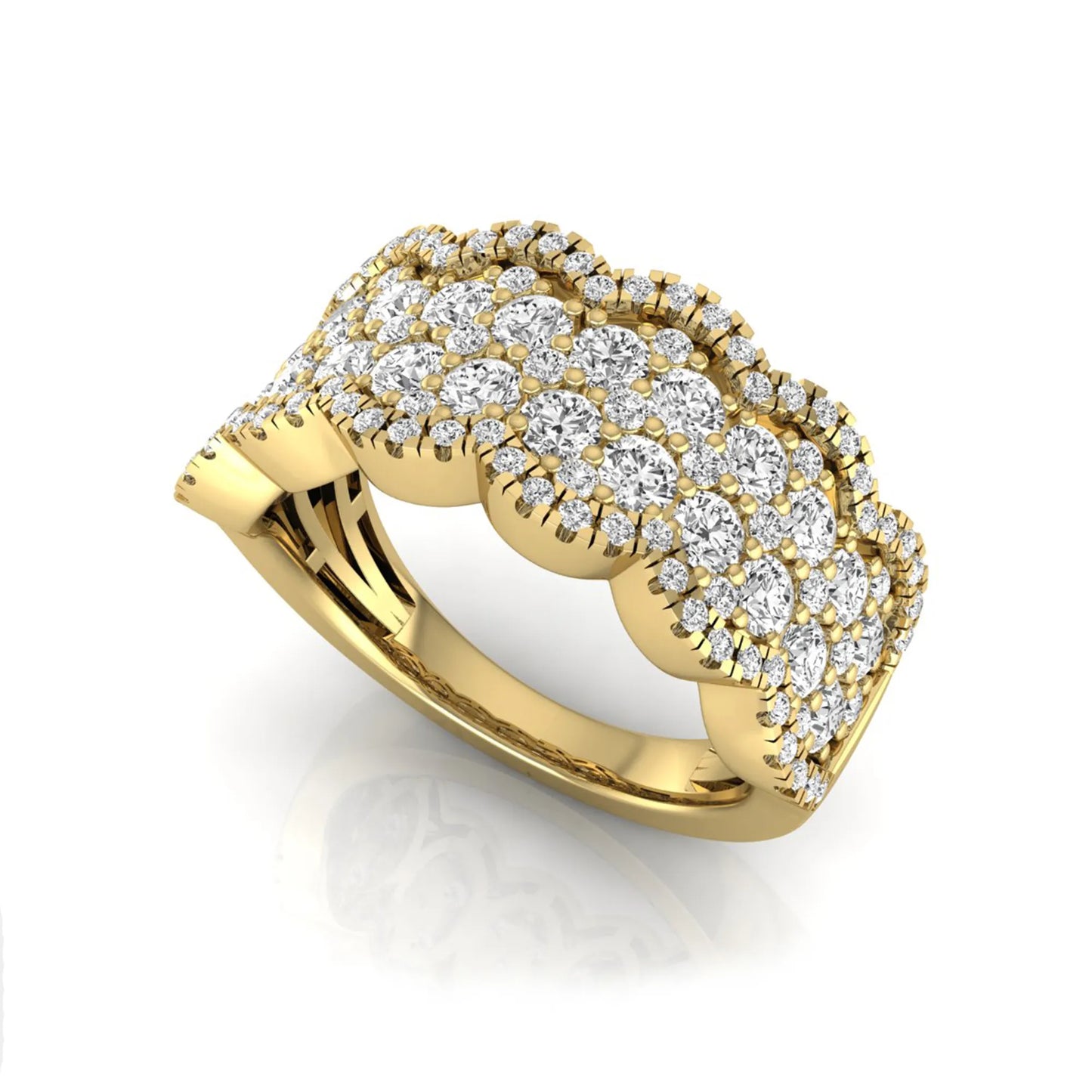 Round lab grown diamond scalloped wide band ring featuring multiple rows of pavé-set round brilliant diamonds in yellow gold.