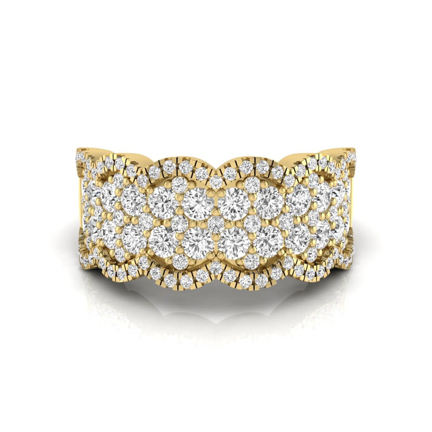 Round lab grown diamond scalloped wide band ring featuring multiple rows of pavé-set round brilliant diamonds in yellow gold.