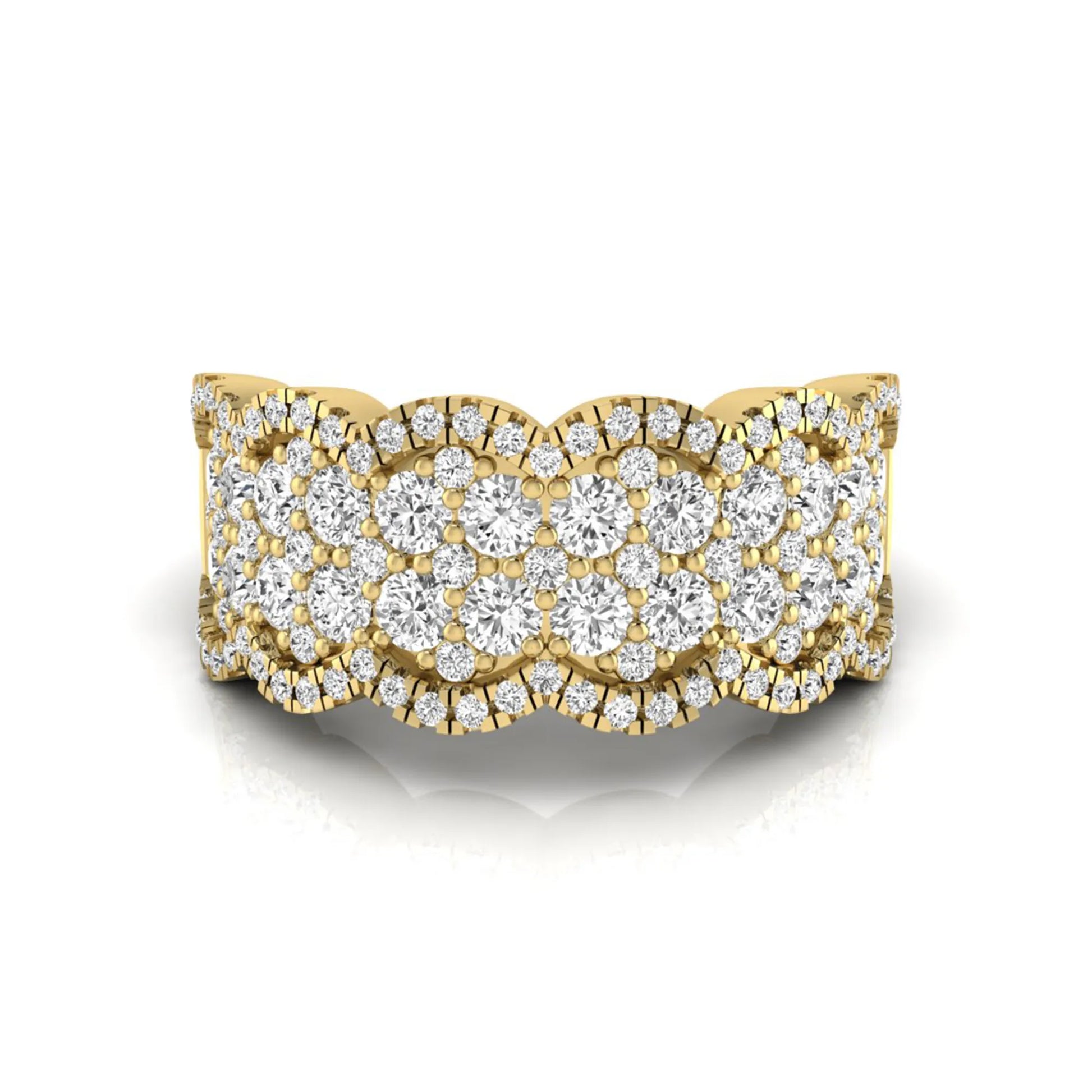 Round lab grown diamond scalloped wide band ring featuring multiple rows of pavé-set round brilliant diamonds in yellow gold.