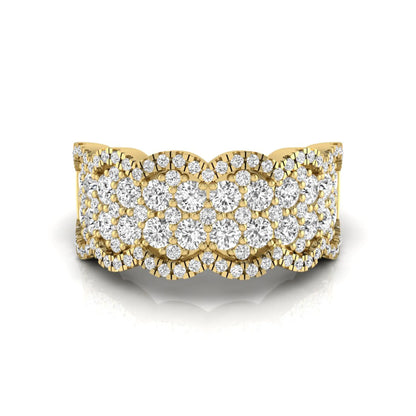Round lab grown diamond scalloped wide band ring featuring multiple rows of pavé-set round brilliant diamonds in yellow gold.