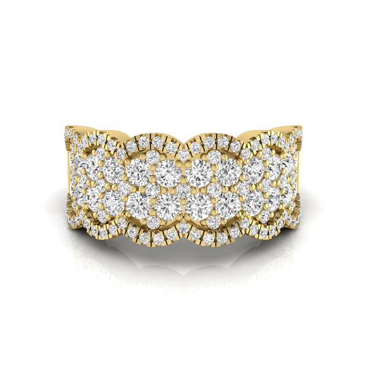 Round lab grown diamond scalloped wide band ring featuring multiple rows of pavé-set round brilliant diamonds in yellow gold.