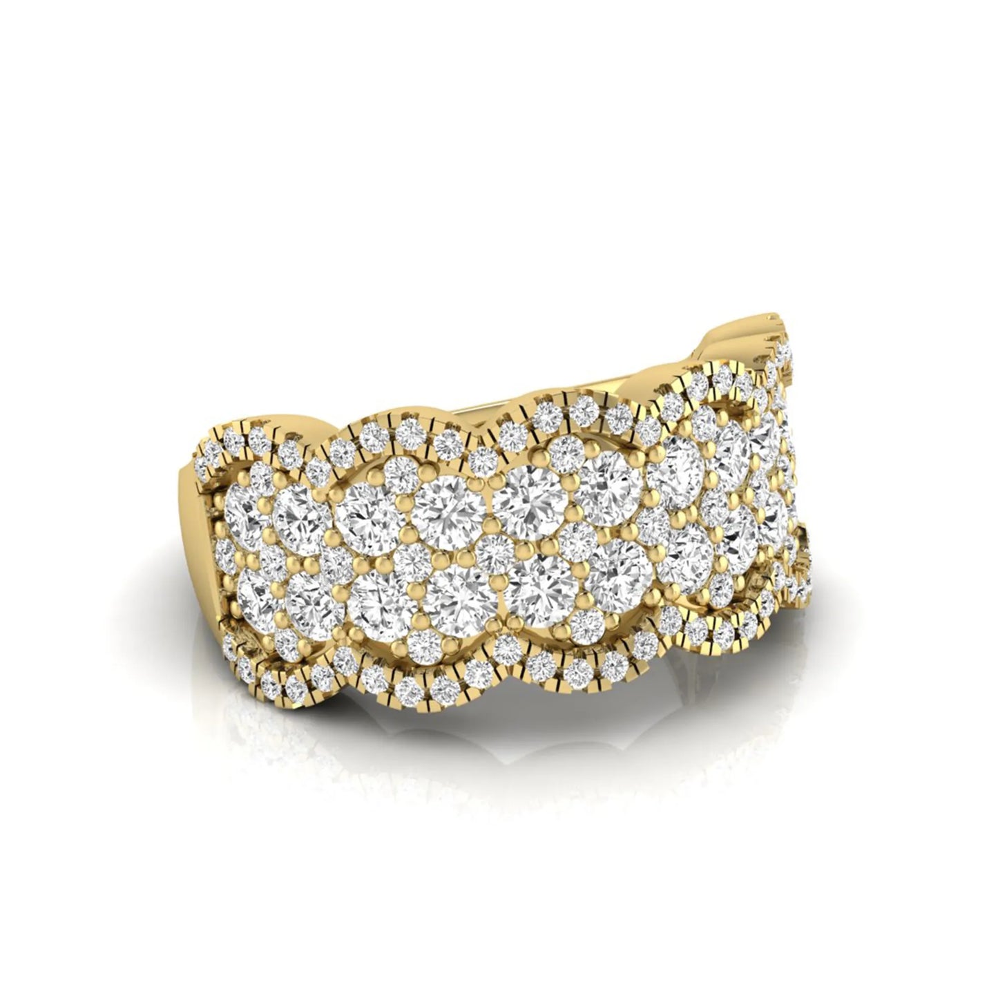 Round lab grown diamond scalloped wide band ring featuring multiple rows of pavé-set round brilliant diamonds in yellow gold.