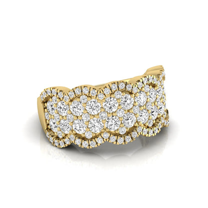 Round lab grown diamond scalloped wide band ring featuring multiple rows of pavé-set round brilliant diamonds in yellow gold.