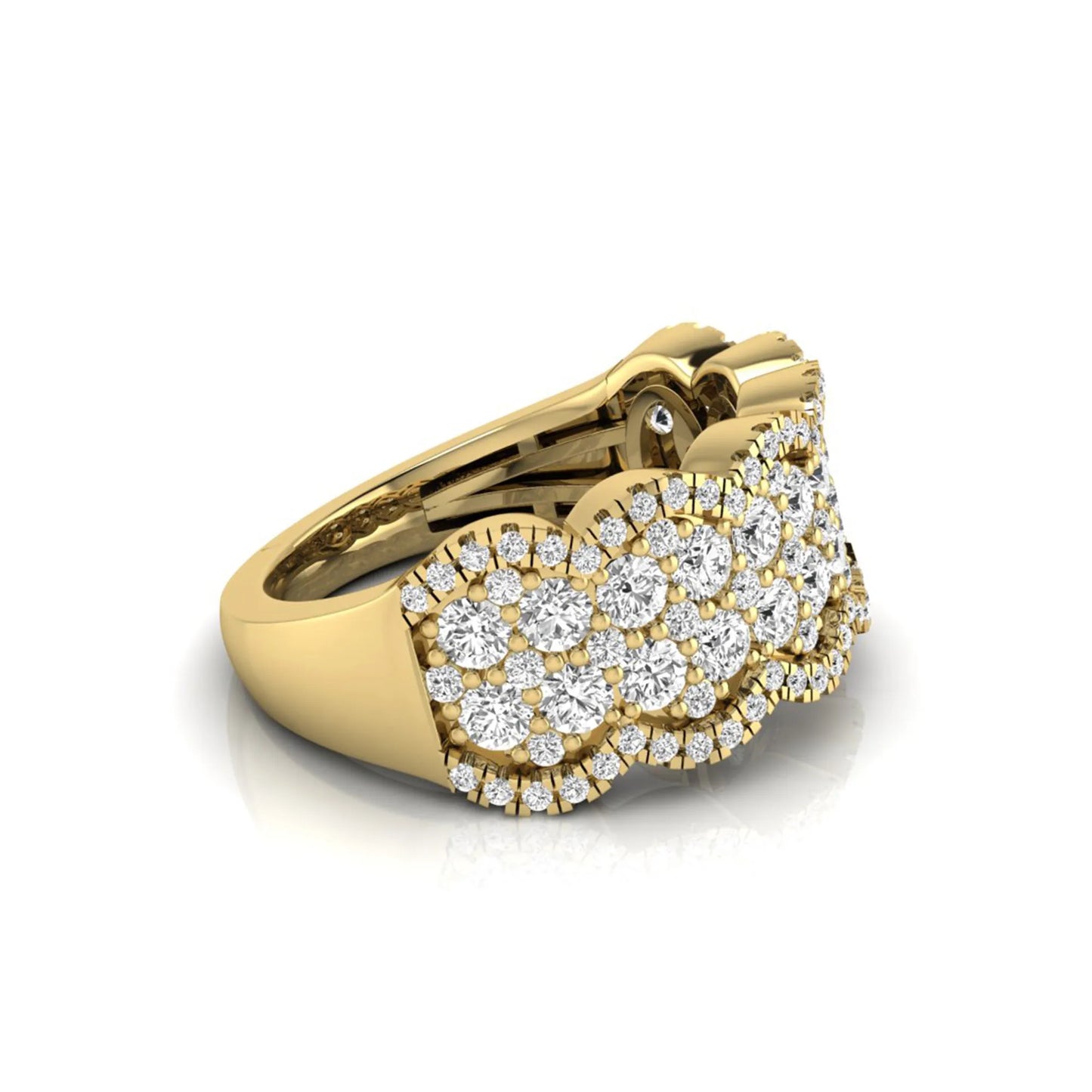 Round lab grown diamond scalloped wide band ring featuring multiple rows of pavé-set round brilliant diamonds in yellow gold.