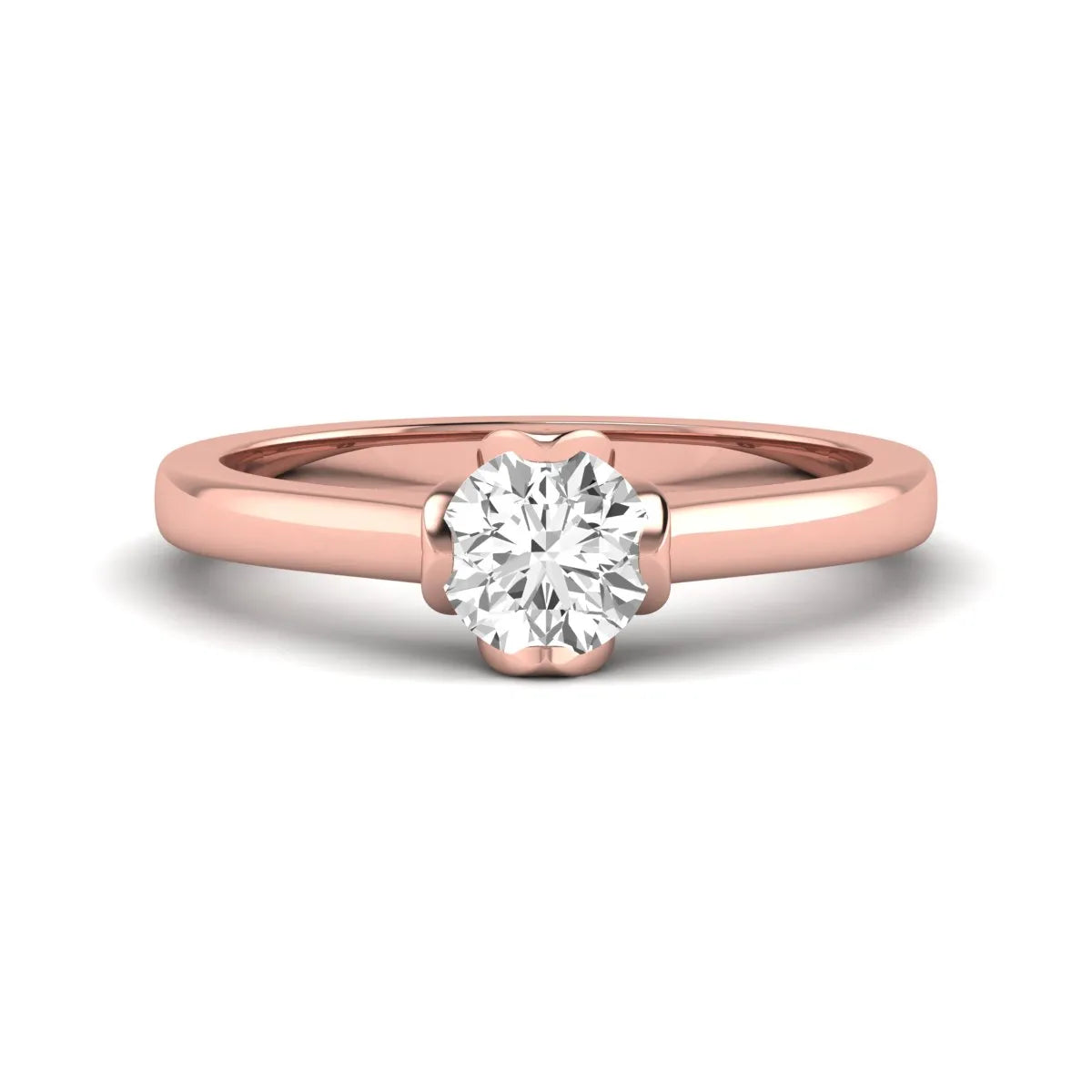 Round cut lab grown diamond solitaire engagement ring in rose gold featuring a 1.03 carat IGI certified center diamond.
