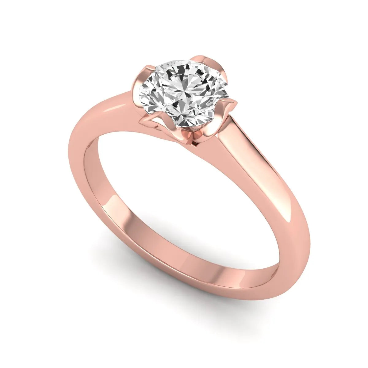 Round cut lab grown diamond solitaire engagement ring in rose gold featuring a 1.03 carat IGI certified center diamond.