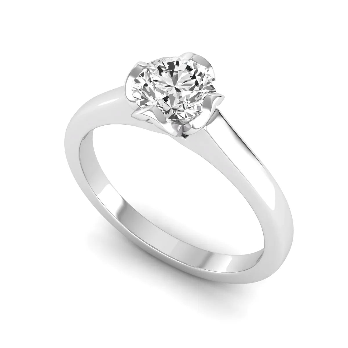 Round cut lab grown diamond solitaire engagement ring in white gold featuring a 1.03 carat IGI certified center diamond.