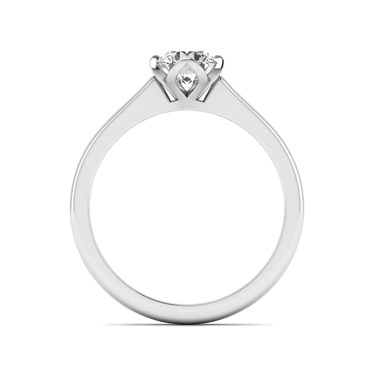 Round cut lab grown diamond solitaire engagement ring in white gold featuring a 1.03 carat IGI certified center diamond.