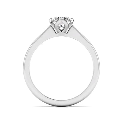 Round cut lab grown diamond solitaire engagement ring in white gold featuring a 1.03 carat IGI certified center diamond.