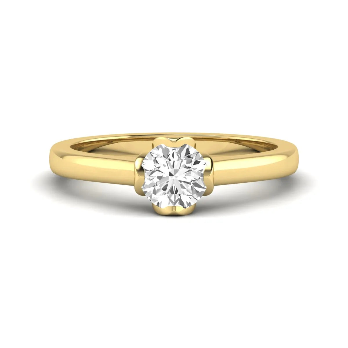 Round cut lab grown diamond solitaire engagement ring in yellow gold featuring a 1.03 carat IGI certified center diamond.