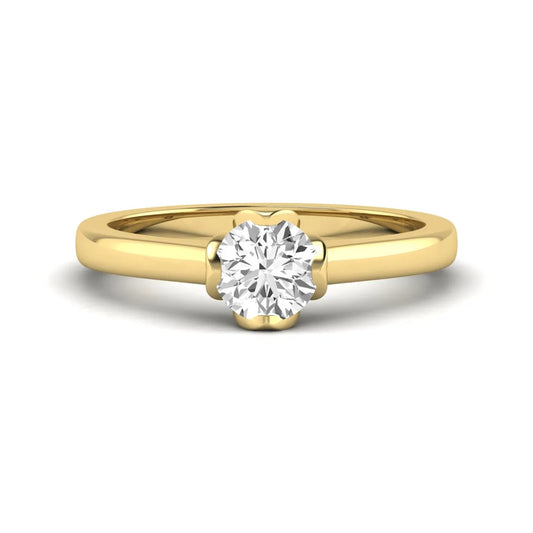 Round cut lab grown diamond solitaire engagement ring in yellow gold featuring a 1.03 carat IGI certified center diamond.