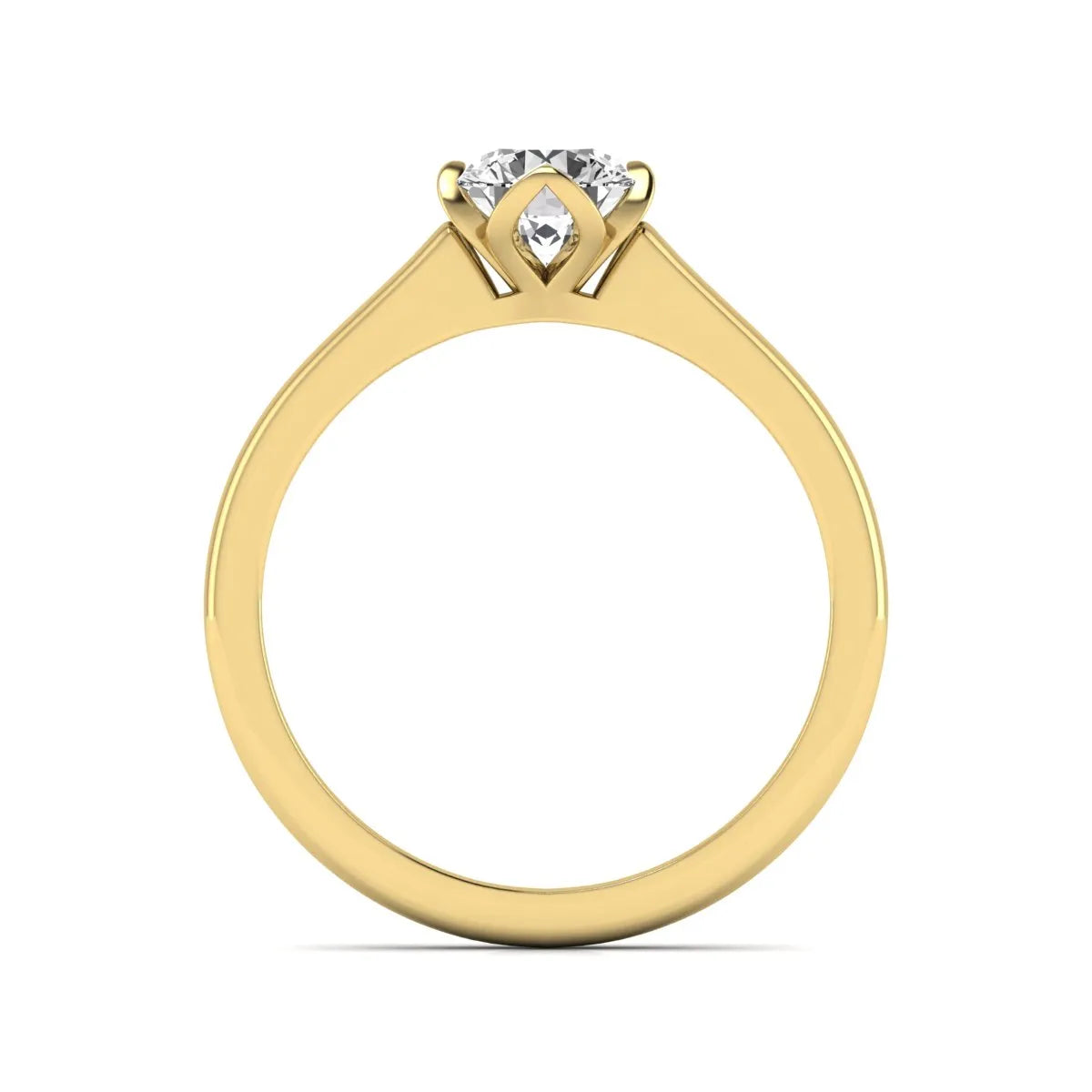 Round cut lab grown diamond solitaire engagement ring in yellow gold featuring a 1.03 carat IGI certified center diamond.