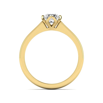 Round cut lab grown diamond solitaire engagement ring in yellow gold featuring a 1.03 carat IGI certified center diamond.