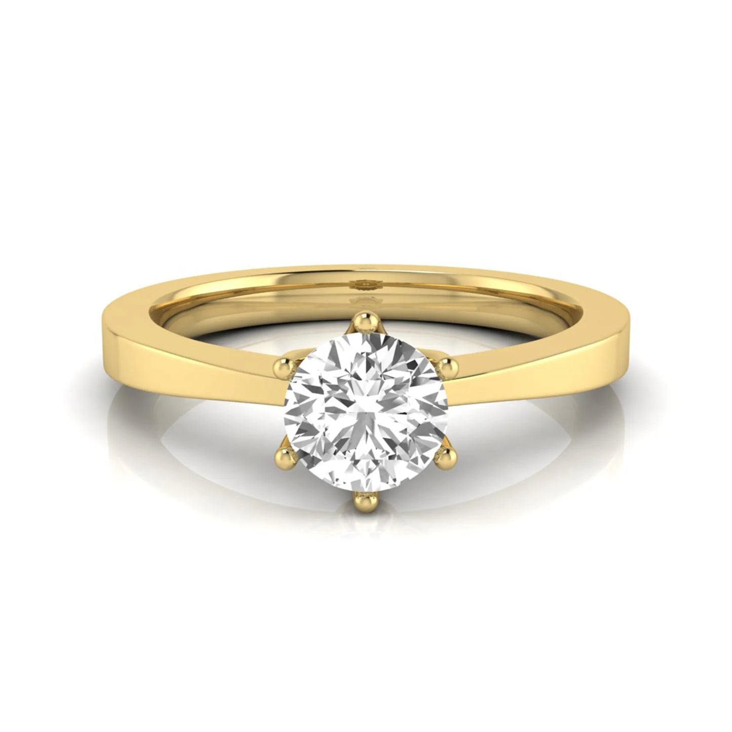 Round lab grown diamond solitaire engagement ring featuring a 0.50 carat round brilliant diamond in a classic six-prong yellow gold setting.