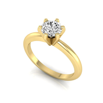 Round lab grown diamond solitaire engagement ring featuring a 0.80 carat round brilliant diamond in a classic six-prong yellow gold setting.