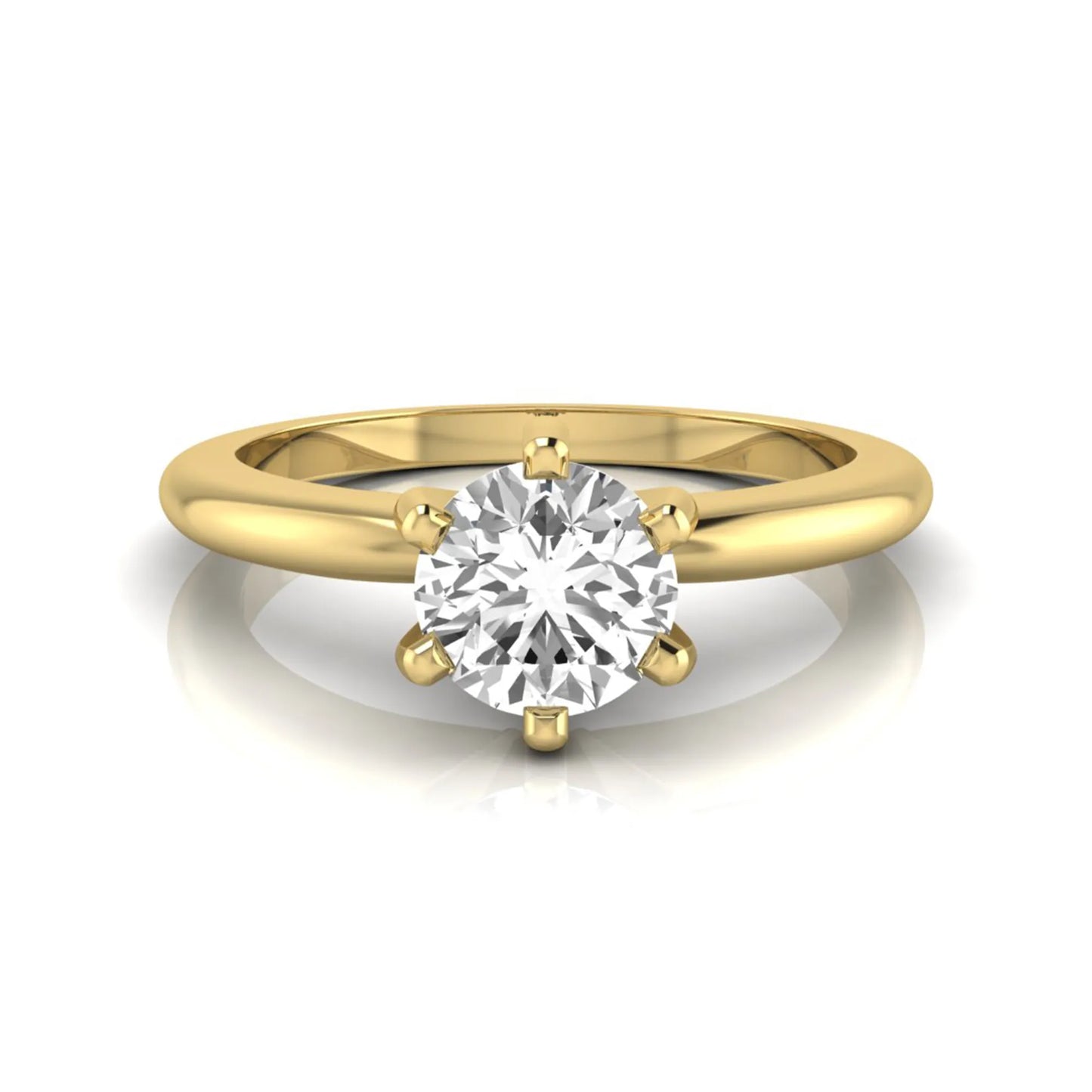 Round lab grown diamond solitaire engagement ring featuring a 0.80 carat round brilliant diamond in a classic six-prong yellow gold setting.