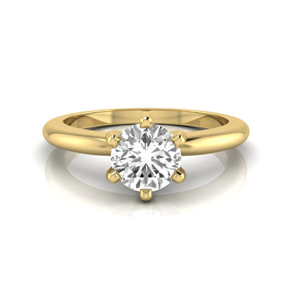 Round lab grown diamond solitaire engagement ring featuring a 0.80 carat round brilliant diamond in a classic six-prong yellow gold setting.
