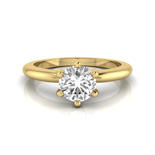 Round lab grown diamond solitaire engagement ring featuring a 0.80 carat round brilliant diamond in a classic six-prong yellow gold setting.