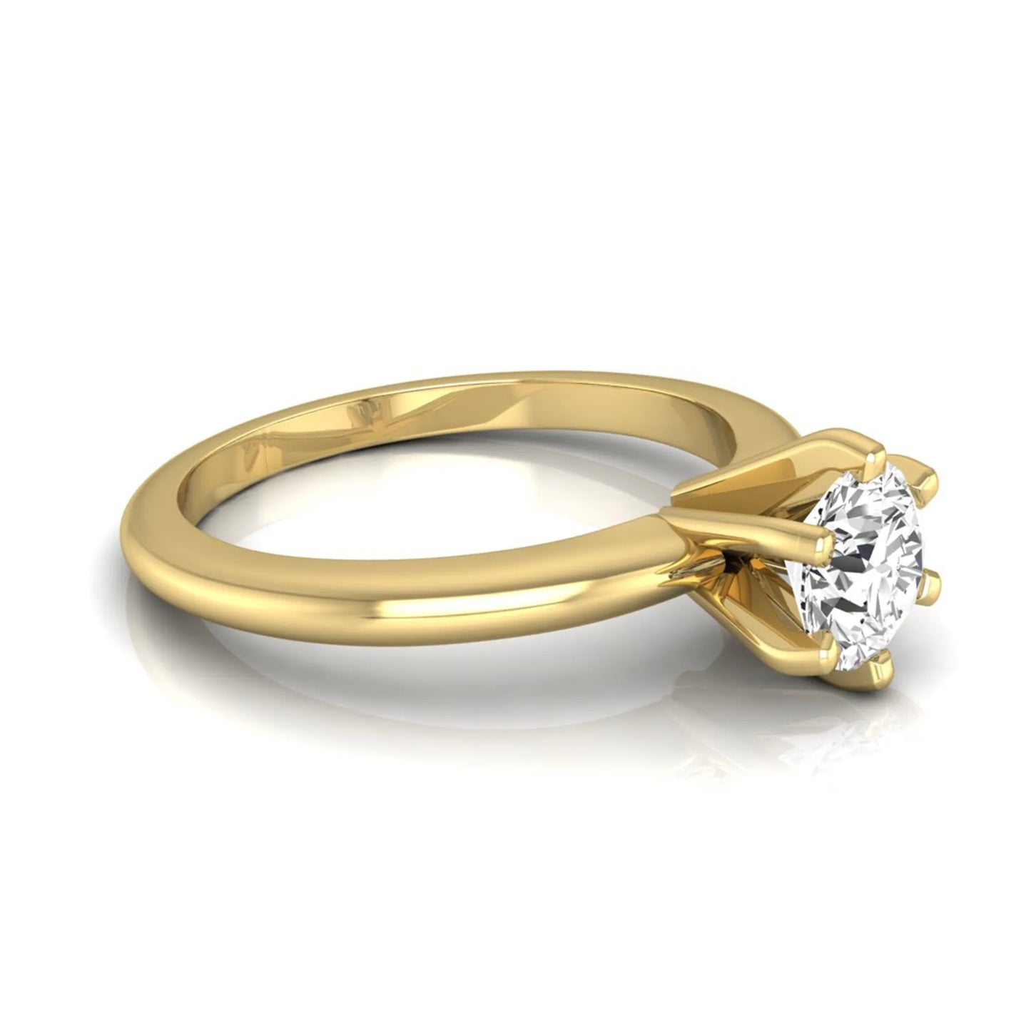Round lab grown diamond solitaire engagement ring featuring a 0.80 carat round brilliant diamond in a classic six-prong yellow gold setting.