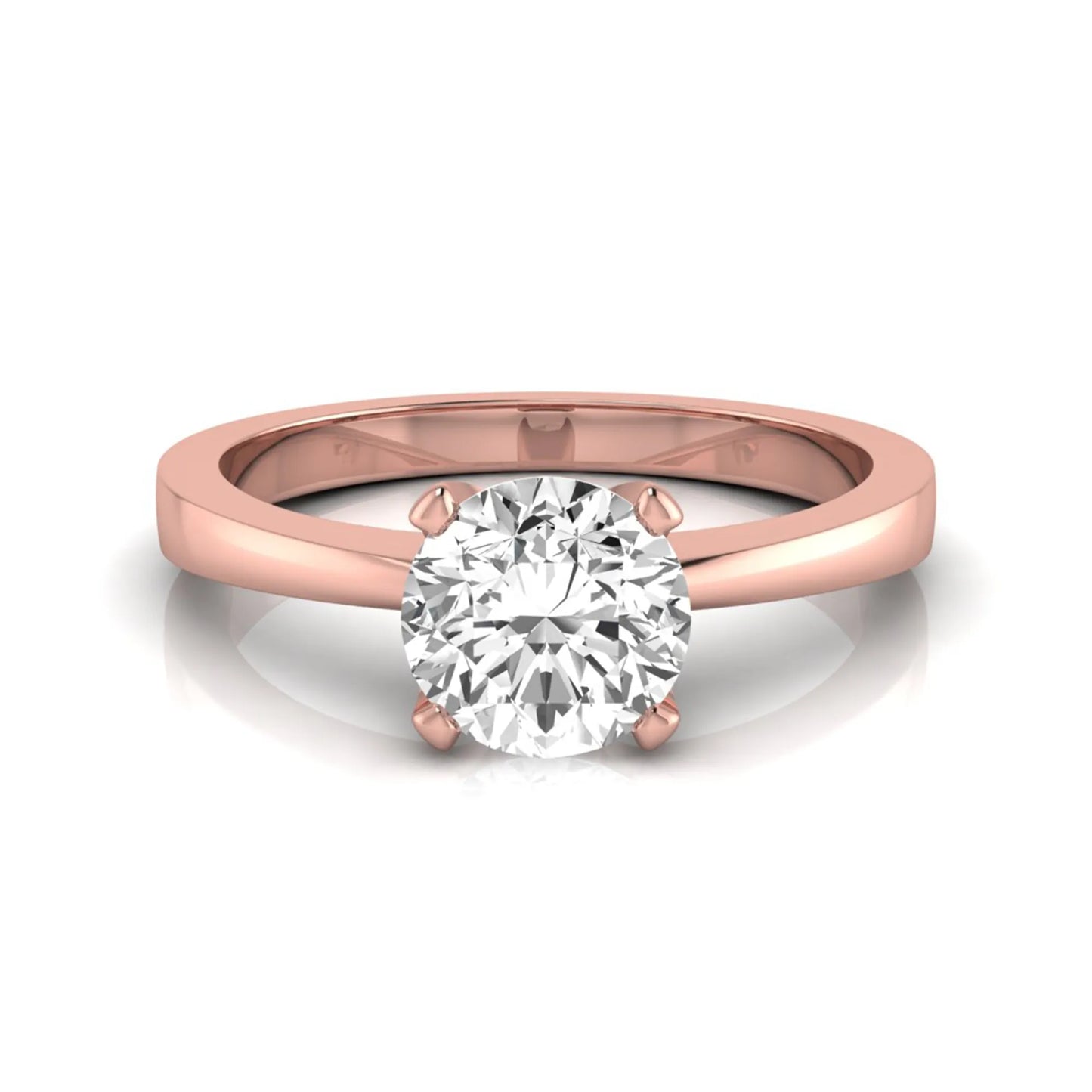 Round lab grown diamond solitaire engagement ring featuring a 1.03 carat IGI certified round brilliant diamond in a classic four-prong rose gold setting.